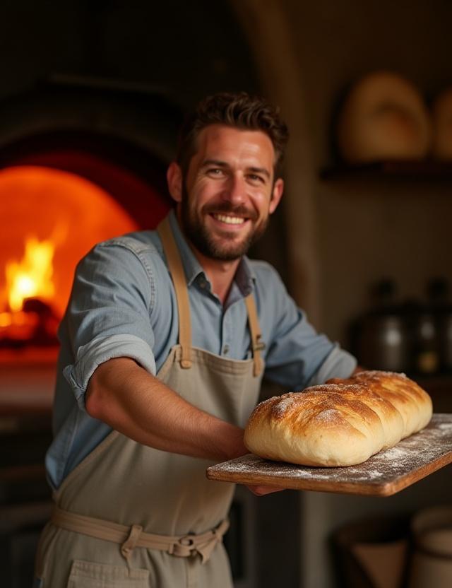 Nuestro maestro panadero, sonriendo mientras saca pan de un horno de leña.